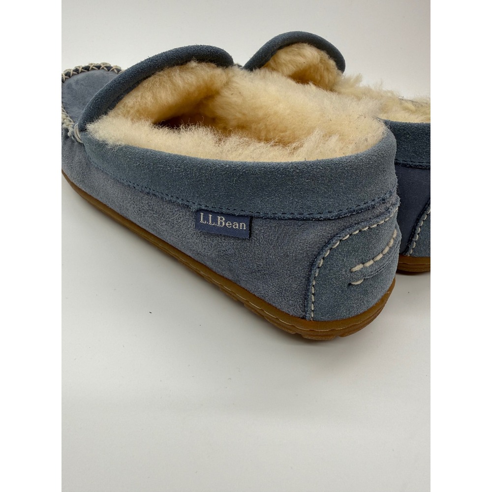 LL Bean Wicked Good Moccasins Blue Suede Shearling Slippers Women 9 501939 - Picture 3 of 8